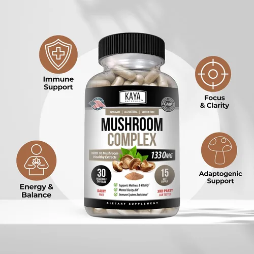 Vista 4 de Kaya Naturals Complejo de hongos premium potente, cápsulas complejas de hongos de 1995 mg por porción, ayuda a la claridad mental que apoya
