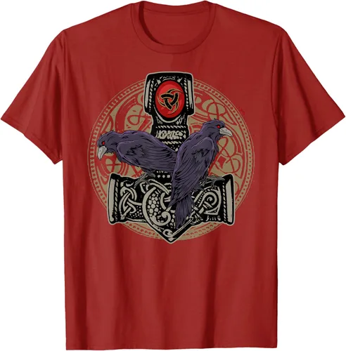 Vista 53 de Thors Hammer Mjolnir Huginn and Muninn Odin Raven - Camiseta, Negro, S
