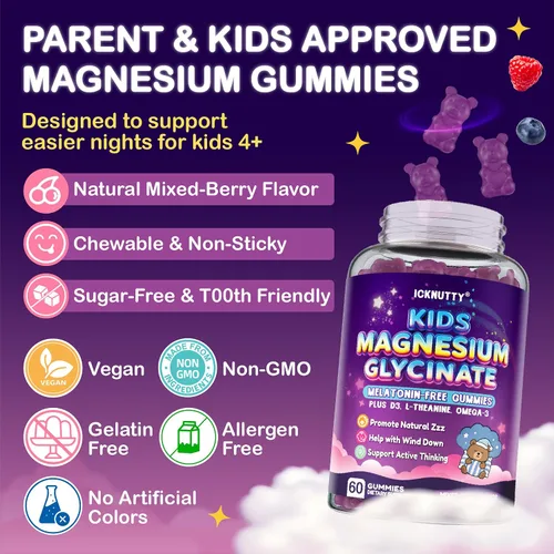 Vista 8 de Gomitas de magnesio para niños – Suplemento masticable de glicinato de magnesio con L-teanina, vitamina B6, fosfatidiserina y omega para niños Zzz