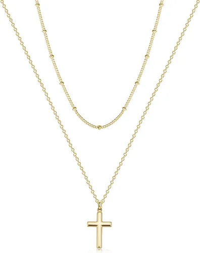 Vista 18 de Fettero - Collar con dije de cruz de fe, chapado en oro de 14 K, cadena fina, minimalista, simple, pequeña, para oración, regalo de joyería religiosa