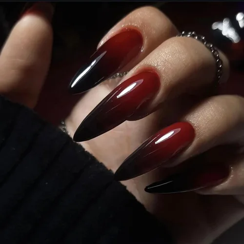 Vista 23 de MISUD Uñas a presión largas tipo Stiletto con pegamento de Rojo Gótico y Negro, diseño gótico cruzado acrílico, 24 piezas 02301Negro y Rojo