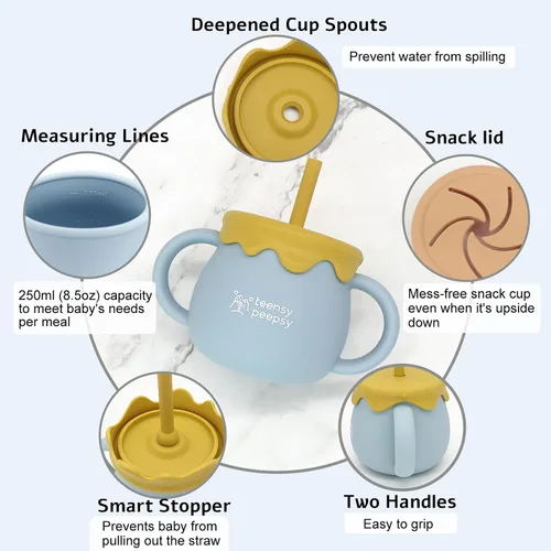 Vista 5 de Tarro de Miel Recipiente 3 en 1 Taza de Entrenamiento de Silicona de 8.5 onzas, Vaso Entrenador para Bebé con Popote y Taza de Snacks para 6 meses+