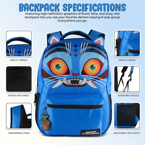 Vista 2 de AI ACCESSORY INNOVATIONS K-Pop Demon Hunters - Mochila de 16 pulgadas para niñas, con un Derby de cara grande con orejas 3D y bordado, dije de bolsa