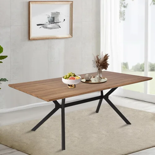 Vista 2 de Mesa de comedor rectangular de 71 pulgadas para 6 y 8 pulgadas, mesa de cocina de madera moderna de mediados de siglo con patas cruzadas de metal