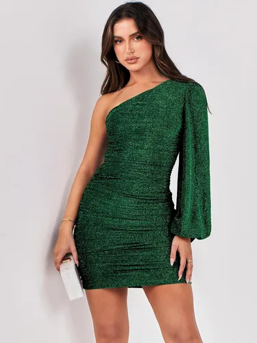 Vista 4 de ANRABESS Vestido corto de cóctel de un hombro para mujer, con purpurina, sexy, fruncido, entallado, para fiesta, graduación, vestido corto formal