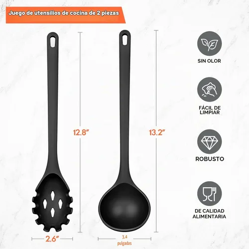 Vista 6 de Juego de 2 utensilios de cocina de silicona para espaguetis y cucharón de Negro