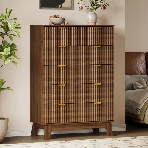 Vista 53 de BORNOON Cómoda con 3 cajones acanalados, cómoda de madera moderna y compacta de 30.3" de altura estilo Boho, gabinete de almacenamiento