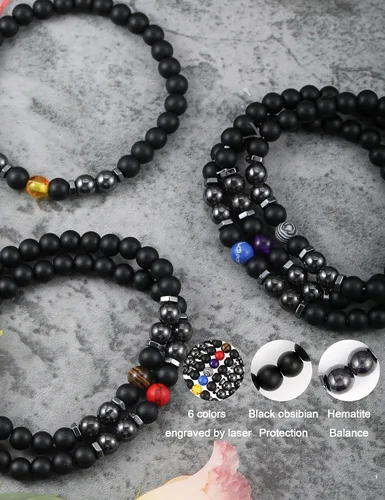 Vista 3 de Tobilleras de obsidiana negra para mujeres y hombres, 6 pulseras de tobilleras ajustables de turmalina natural, cristales de piedras preciosas