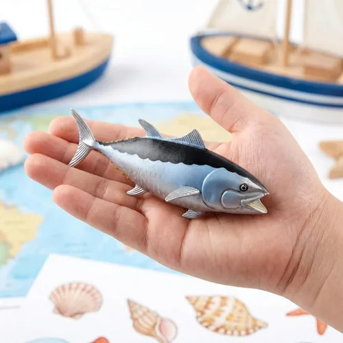 Vista 2 de Figura realista de pez de atún rojo: juguete de plástico sólido de 4.3 pulgadas para niños, figura de atún relleno falso, criatura marina