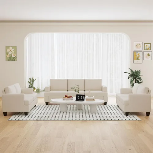 Vista 3 de Furnimart Sofás Seccionales para Sala de Estar, Modernos 2 Sofás de Dos Plazas y Sofá de 3 Plazas, Juego de Sofá de Asiento Profundo Color Crema
