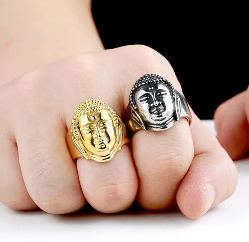 Vista 3 de HUYHOAT - Anillo protector de buda de acero inoxidable 316L de la India budismo Sanskr Ganesha protector de Buda SU0JE (dorado-8)