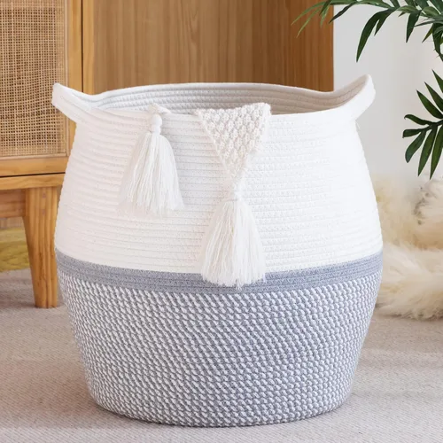 Vista 8 de KAKAMAY Cestas tejidas para almacenamiento (17 x 17 pulgadas), cesta grande de lavandería para bebé tejida con cuerda de algodón, cesta de Flecos