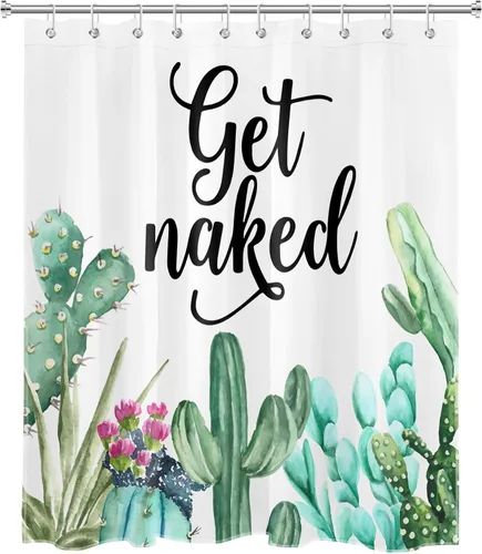 Vista 2 de LB Get Naked - Cortina de ducha de cactus con citas divertidas, plantas tropicales, suculentas, verdes, acuarela, cactus y flores, cortinas de ducha