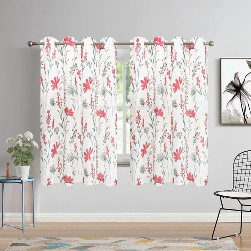 Vista 27 de July Joy Cenefa de Cocina Estampada con Textura de Lino de 18 Pulgadas Diseño Floral de Hojas Estilo Casa de Campo Juego de Paneles de Cortina