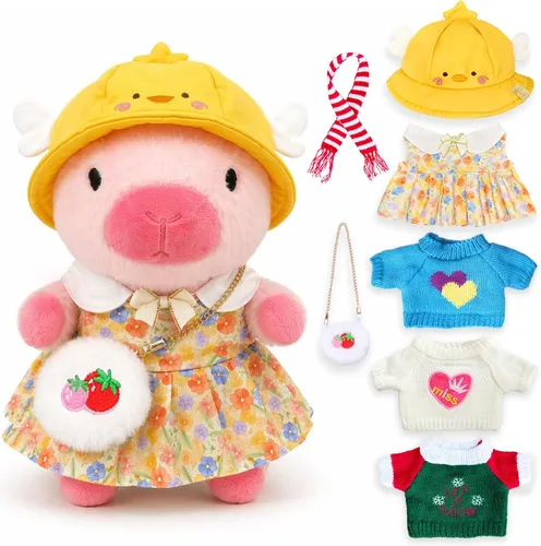 Vista 11 de Capybara - Juguete de peluche con 7 piezas de ropa y accesorios, lindo animal de peluche Capybara con trajes (marrón)