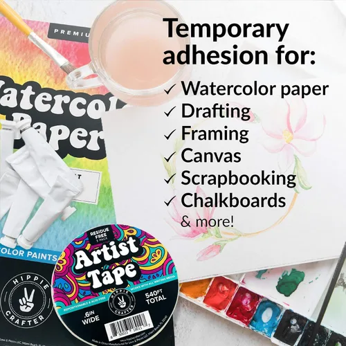 Vista 2 de HIPPIE CRAFTER Paquete de 3 cintas blancas para artistas, cinta adhesiva extraíble para papel de acuarela, pintura, dibujo, marco de lienzo, sin