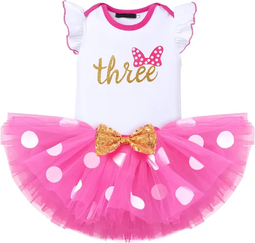 Vista 13 de IMEKIS Conjunto de mameluco para bebé niña de primer y tercer cumpleaños + falda tutú de lunares + diadema para niños pequeños sesión de fotos