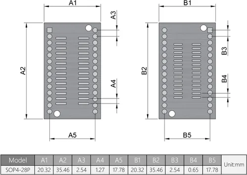 Vista 4 de Fielect SOP4 28P 1.27 / SSOP4 28P 0.65 a DIP Adaptador PCB Convertidor SMD para placas de práctica de soldadura, placas Ardunio, 15