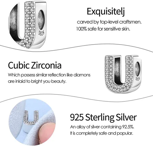 Vista 6 de Dijes con iniciales del alfabeto, letras de la A a la Z, plata de ley 925, circonitas cúbicas, colgantes para Pandora, pulseras europeas, collar