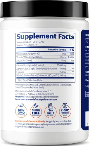 Vista 8 de Creatine Monohydrate Powder 10g with Alpha GPC & L-Tyrosine, 30 Servings