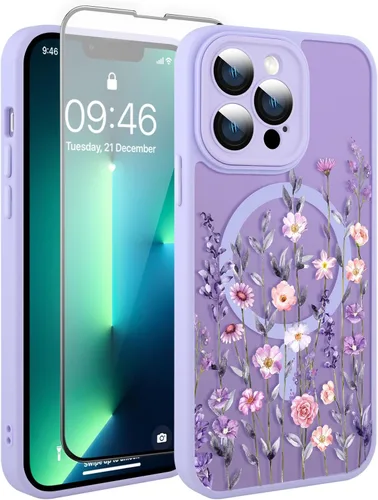 Vista 178 de Funda magnética para iPhone 13 con protector de pantalla [compatible con MagSafe], diseño de patrón floral de flores, a prueba de golpes, para Marrón