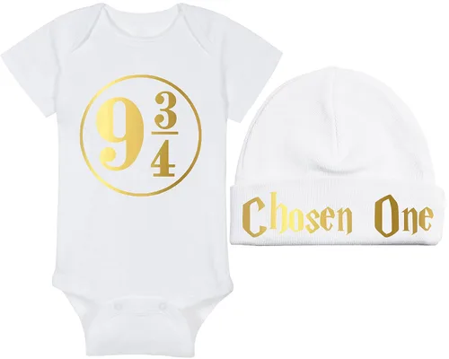 Vista 46 de Sombrero de bebé Wizard - Chosen One (tela negra - diseño dorado)