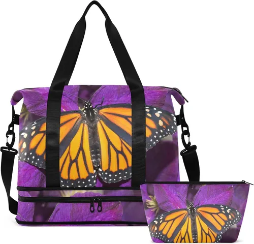 Vista 2 de Monarch Butterfly Flower Bolsa de viaje deportiva para hombres y mujeres, bolsa de gimnasio con compartimento para zapatos y correa para el hombro