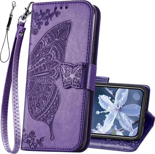 Vista 8 de Funda tipo cartera para iPhone 12 Pro/iPhone 12 para mujer, color Butterfly Emboss Flip Folio Cuero PU, soporte, ranuras para tarjetero, correa