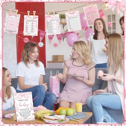 Vista 6 de Patelai Juego de 321 decoraciones de baby shower de lazo rosa 5 juegos incluyen cinta rosa Baby Shower Bingo Word Scramble Descripción El precio