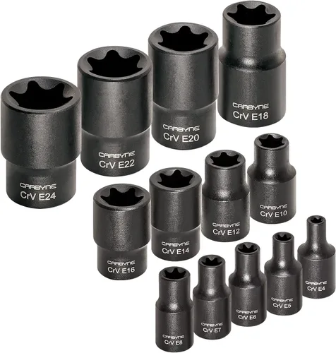 Vista 7 de CARBYNE Juego de llaves Torx externas (E-Torx) de 13 piezas, E4 a E24, acero CrV, acabado de fosfato de manganeso, unidad de 1/4 3/8 1/2 pulgadas