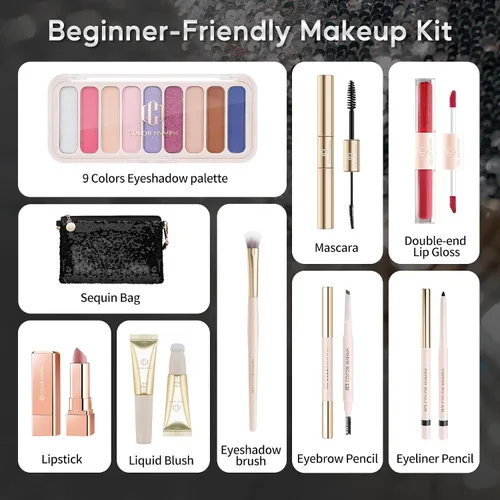 Vista 2 de Color Nymph Kit de maquillaje todo en uno para mujeres y niñas, juego de regalo de cosméticos con bolsa de hombro de lentejuelas, incluye paleta