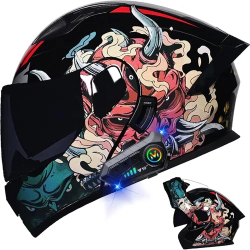 Vista 12 de Casco modular Bluetooth para motocicleta, aprobado por DOT, de cara completa, abatible, antivaho, doble visera, casco de motocicleta de calle, LENTE
