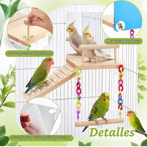 Vista 4 de 2 piezas de juguetes de periquito para pájaros, plataforma de perca para pájaros, escalera de espejo oscilante con función de giro de 360°