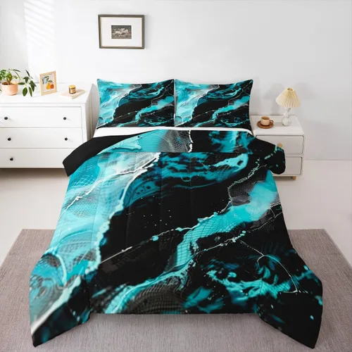 Vista 21 de Feelyou Juego de edredón abstracto para todas las estaciones, juego de ropa de cama negro y azul con 1 funda de almohada con estampado de mármol
