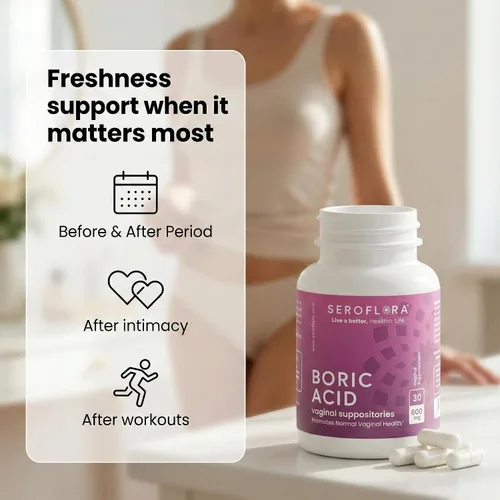 Vista 5 de Seroflora Cápsulas femeninas de ácido bórico de 600 mg, soporte de pH femenino, frescura íntima para mujeres, cápsulas de disolución rápida
