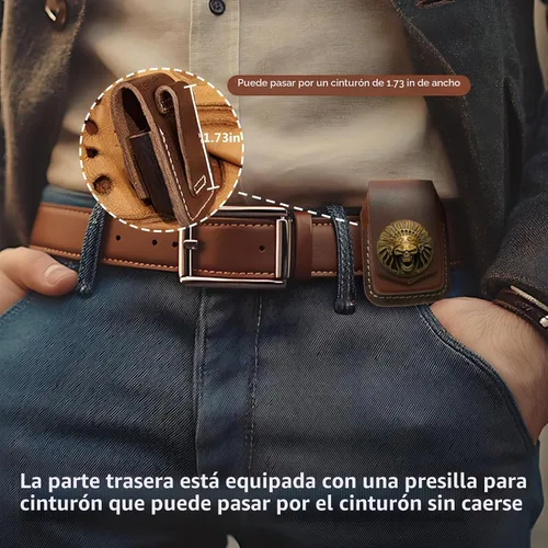 Vista 5 de Funda de cuero para encendedor, bolsa de cuero con tapa abatible, funda de soporte con trabilla para cinturón de bolsillo, hecha a mano