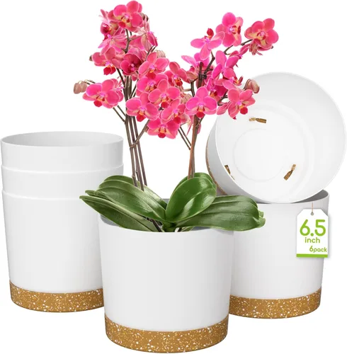 Vista 15 de ZMTECH Macetas para plantas, juego de 6 macetas de plástico de riego automático de 6.5 pulgadas con orificio de drenaje y platillo, maceta