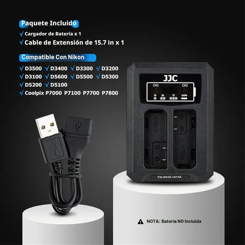 Vista 6 de EN-EL14 EN-EL14a Cargador de batería dual cable USB integrado, compatible con Nikon D3500 D3400 D3300 D3200 D3100 D5600 D5500 D5300 D5200 D5100