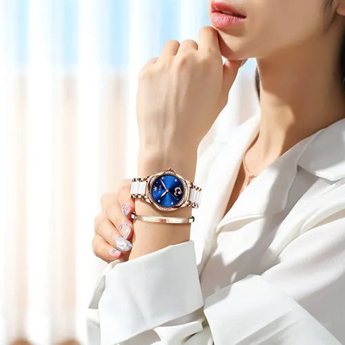 Vista 4 de OLEVS Relojes automáticos para mujer, mecánico, esfera de corazón, esfera de corazón, oro rosa, banda de cerámica, impermeable, luminoso, fecha