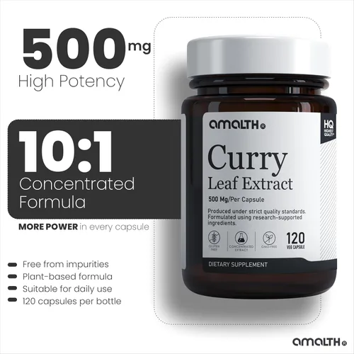 Vista 4 de Amalth Cápsulas de extracto de hoja de curry de 500 mg Cápsulas de suplemento de hoja de curry Extracto de Murraya Koenigii Suplemento a base