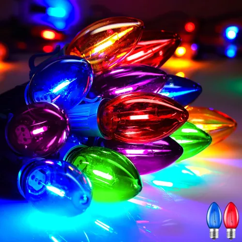 Vista 9 de Luces LED de Navidad C9 para exteriores, cadena de luces C9 de 25 pies con 20 bombillas LED inastillables, 3 modos de luz, luces de árbol de Navidad