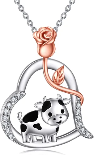 Vista 7 de POPLYKE Highland Cow Necklace Sterling Silver Rose Heart Pendant Necklace Cow Gifts for Women