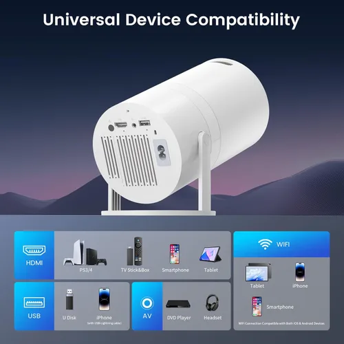 Vista 9 de Mini proyector con WiFi y Bluetooth, aplicaciones integradas, proyector portátil giratorio de 210°, proyector de película de soporte de 1080P
