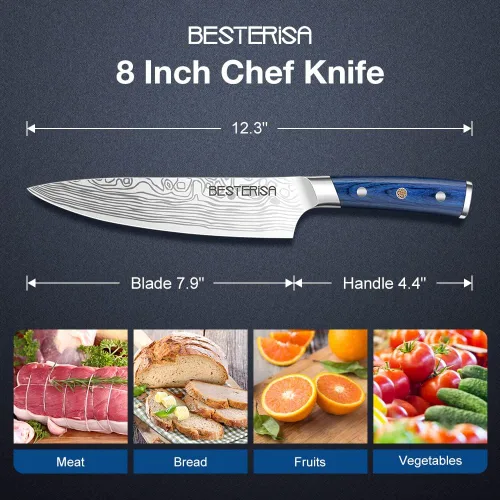 Vista 4 de Cuchillo de chef profesional de 8 pulgadas, acero inoxidable alemán, ultra afilado, para carne vegetal, con protector de cuchillo