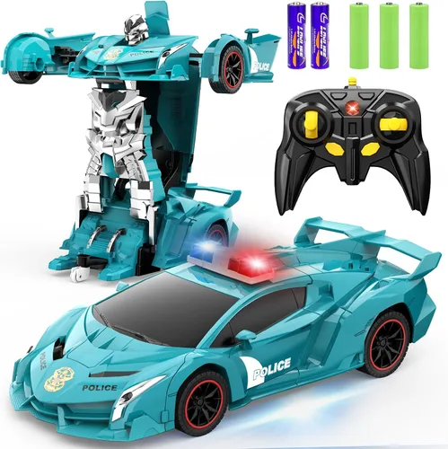 Vista 12 de FDJ - Auto a control remoto que se transforma en robot, transformación con un botón a robot con luz intermitente, juguete de policía para niños