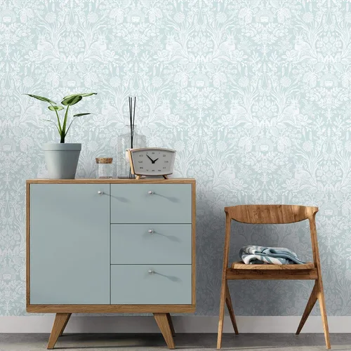 Vista 2 de World of Wallpaper Harlen Woodland Animal Flor y Planta Temática Pintado a Mano Estilo Damasco Papel pintado Dormitorio Guardería Pato Huevo Azul
