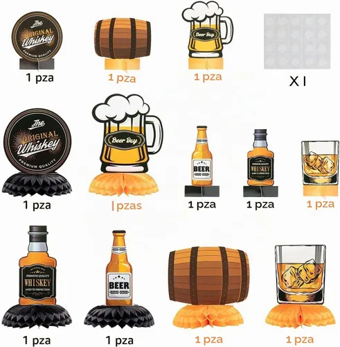 Vista 3 de ANGOLIO Centros de mesa de cerveza de whisky – 12 piezas de whisky de panal de abeja para hombres, centro de mesa de 40, 50, 60, fiesta