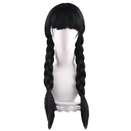 Vista 2 de COSPLAZA Wednesday - Pelucas largas de coletas trenzadas negras para mujer, peluca de disfraz de Halloween con flequillo plano