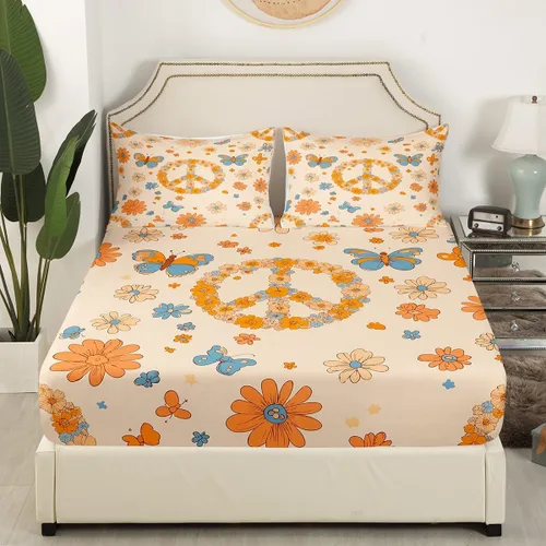 Vista 4 de Erosebridal Groovy - Juego de sábanas para decoración de fiesta para niñas y mujeres, diseño de signo de paz, tamaño individual, sábanas de mariposa