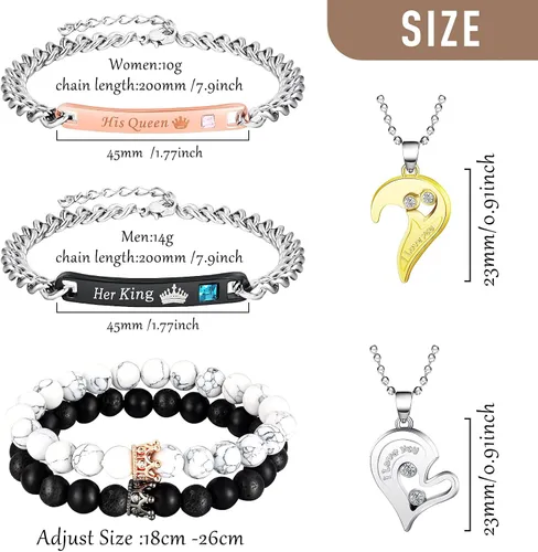 Vista 3 de Juego de 8 piezas de collar y pulseras a juego para mujeres y hombres, para ella, rey, su reina, te amo, corona de corazón, novio, novia, regalo